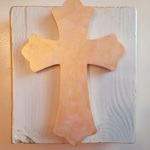 Elevated Marbled Cross On Wood Plank - Colors: Gold & Pink - Home Accent